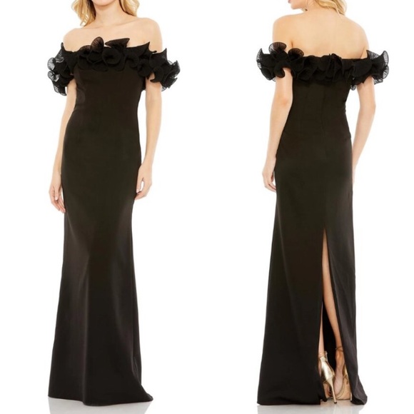 Mac Duggal Ieena Black Off The Shoulder Ruffle Sheath Column Gown - Reemoly